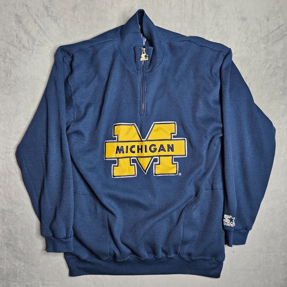 Vintage Starter Michigan Wolverines Jacket Mens XL 1/4 Zip Knit Logo Pockets